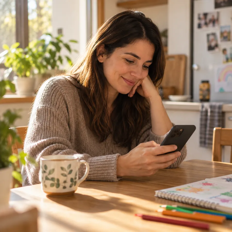 Una madre sonríe mientras escribe en su celular, sentada en la mesa de su cocina.