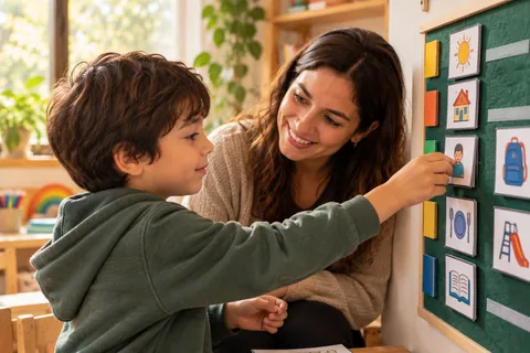 Un niño coloca una tarjeta con un pictograma en una agenda visual, junto a una educadora diferencial.