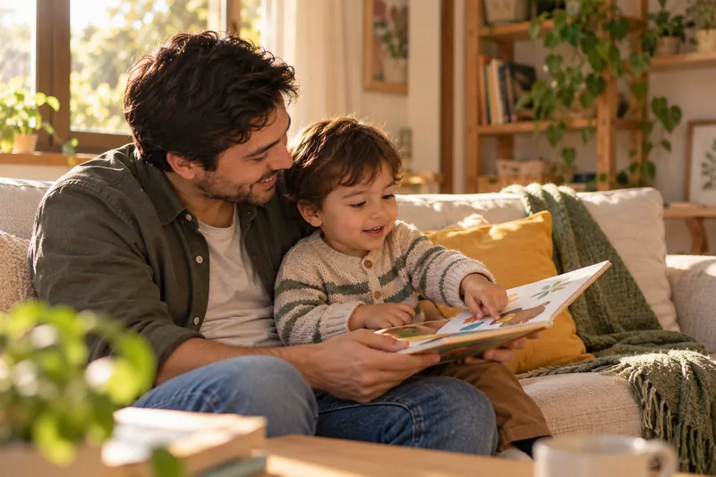 Un padre y su hijo pequeño miran juntos un libro ilustrado sentados en un sofá.