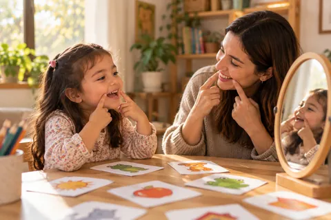Una niña y una fonoaudióloga imitan un gesto con la boca frente a un espejo, junto a tarjetas ilustradas.
