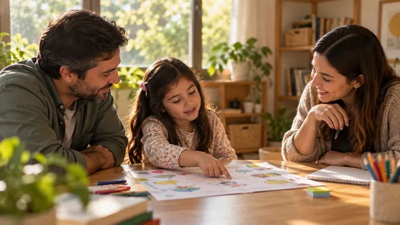 Un padre, su hija y una profesional revisan juntos una hoja con dibujos sobre una mesa de madera.