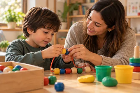 Las manos de un niño enhebran cuentas de madera con la ayuda de una terapeuta ocupacional.